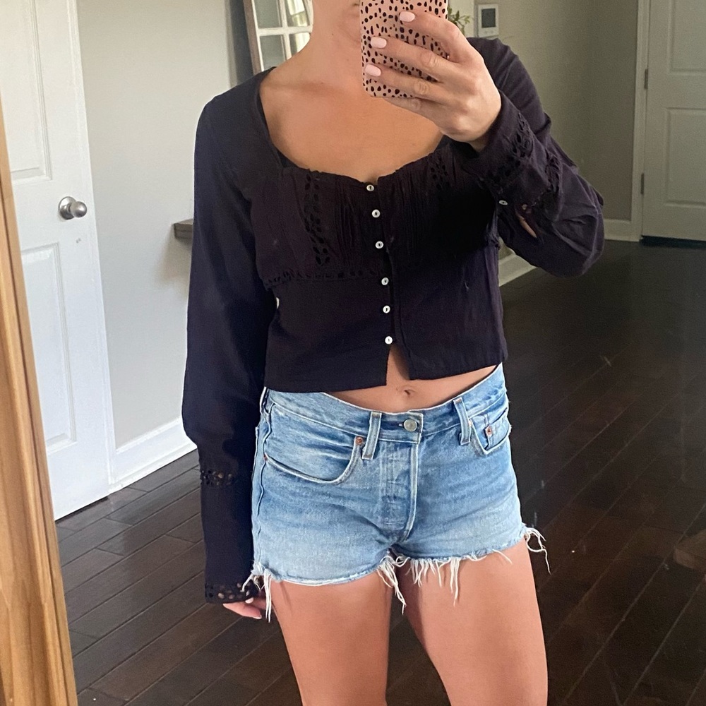 Free People black long sleeve cropped eyelet blouse shirt